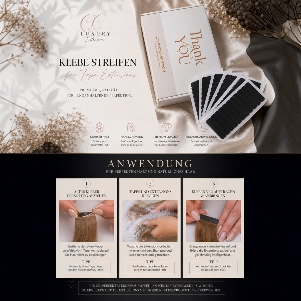 CC Luxury Extensions – Tape Klebestreifen für Echthaar Tape Extensions | Tape Extensions rebonding