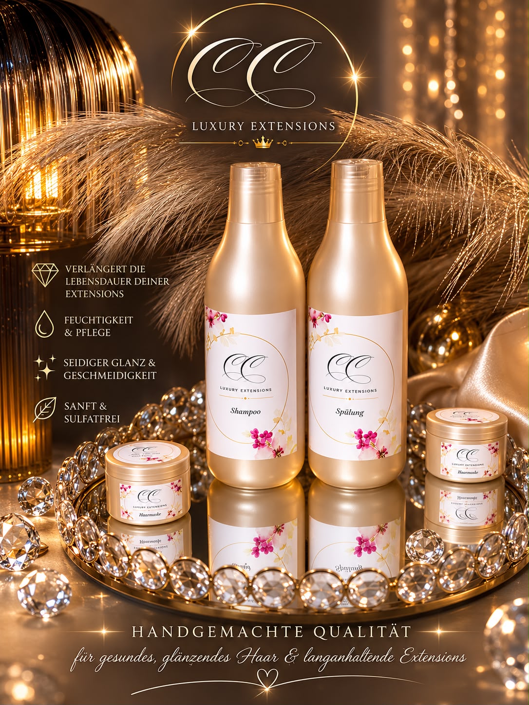 Pflegeset von CC Luxury Extensions mit Shampoo, Conditioner und Pflegeprodukten für gepflegte Haare, auf weißem Hintergrund.