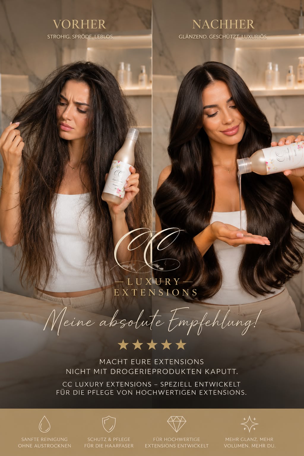 Pflegeset von CC Luxury Extensions mit Pflegeprodukten für Extensions, inklusive Shampoo, Conditioner und Pflegebürste.